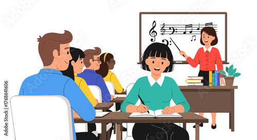 Music Lesson: Teacher Explaining Music Notation to a Group of Students in Class