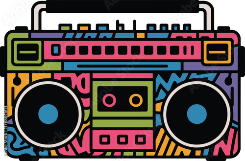 Colorful boombox illustration. Bright abstract ghetto blaster. Portable stereo speaker system
