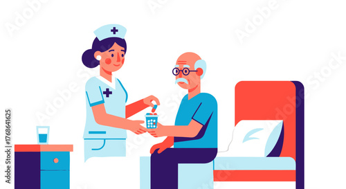 Nurse Administering Medication to Elderly Patient in a Medical Setting Illustration