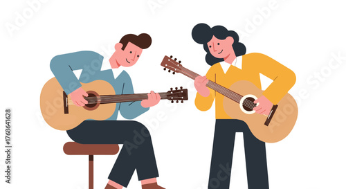 Musicians Playing Guitars: A Duo in a Colorful Style Against A Black Background
