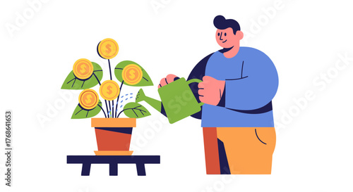 Nurturing Financial Growth Illustration: A Person Watering Money Tree for Business Advancement