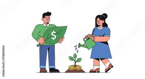 Nurturing Financial Growth Illustration Depicting Two Individuals Cultivating Wealth
