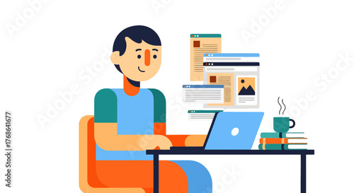 Online Work Illustration Depicting A Person Focused On Their Laptop And Web Pages