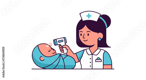 Pediatrician Nurse Taking Baby Temperature with Digital Thermometer in Clinic Illustration