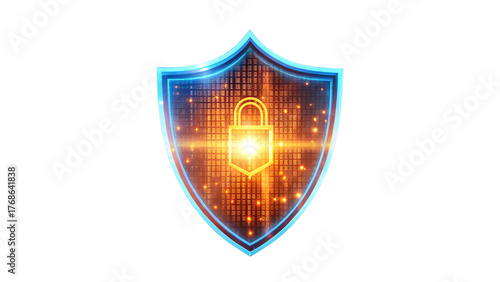 Digital data protection shield with padlock isolated on transparent background for security concept