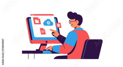 Online Cloud Services: Person Working On Computer Accessing Digital Data And Files