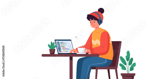 Online Coding Lifestyle: A Young Developer Focused on His Digital Project Complete