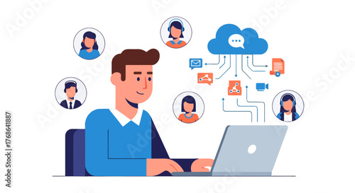 Online Collaboration And Communication Via Cloud Network Connectivity Is Shown