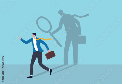 Self assessment or self analysis process to know yourself and discover plan or goal for living or work and career concept, businessman walking with shadow using magnifying glass to analyze himself.
