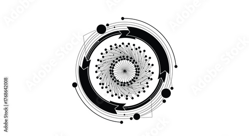 Abstract circular design composed of interconnected lines and circular elements
