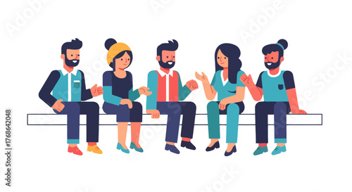 People Conversing And Sharing Ideas While Sitting on a Ledge, Vector Illustration