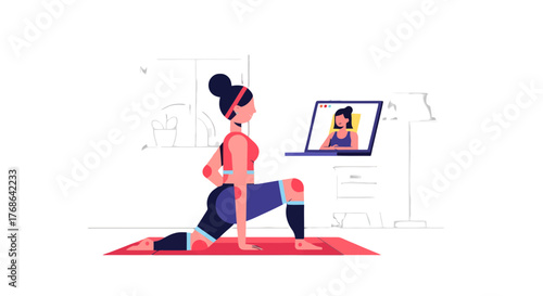 Online Fitness Class: Woman Performing Yoga Exercises With Virtual Instructor