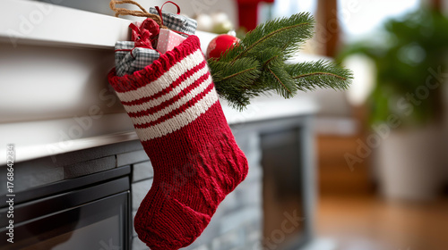 A close-up of a Christmas stocking (knitted red and white) hanging from a fireplace mantel, filled with small gifts. Traditional, warm, expectant. blurred background, with copy spa
