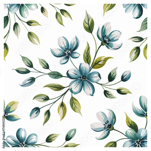 This graceful seamless floral pattern showcases delicate blue watercolor flowers accented with green and olive leaves on a clean white background. Each flower is beautifully hand-painted.
