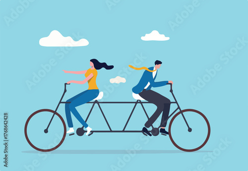 Business conflict, controversy or disagreement causing problem and failure concept, businessman and businesswoman colleagues or working team trying hard riding bicycle in opposite direction.