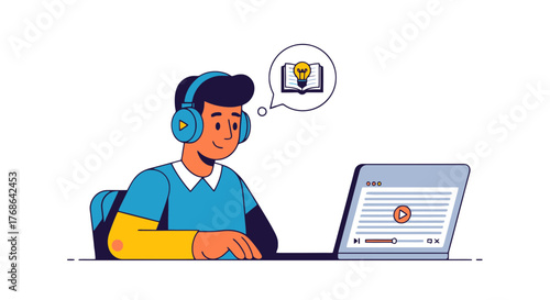 Online Learning Icon Depicting a Person Watching Educational Video Tutorials with Headphones