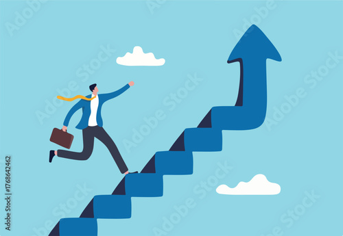 Improvement or career growth, stairway to success, growing income or improve skill to achieve business target concept, confidence businessman step walking up stair of success with rising up arrow.
