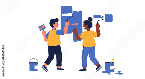 People Painting Together on a Wall Demonstrating Teamwork and Home Improvement Activities