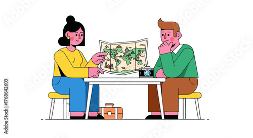 People Studying World Map Together Planning Adventure Travel Vacation Expedition Trip