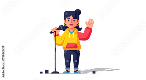 Performing Artist Waving and Using a Microphone on a Sleek Black Background