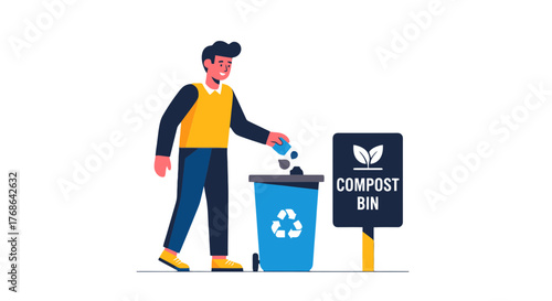 Person Composting Waste Into A Compost Bin With Green Recycle Symbol Illustration