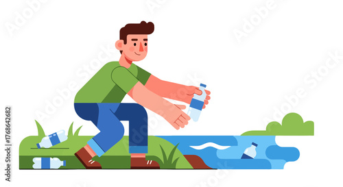 Person Picking Up Plastic Bottles Near Water For Environmental Preservation and Cleanness
