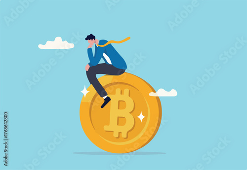 Bitcoin hodl, holder who buy bitcoin or crypto currency for long term investment, crypto investing or believe in Bitcoin independence concept, calm businessman investor relax sitting on Bitcoin.