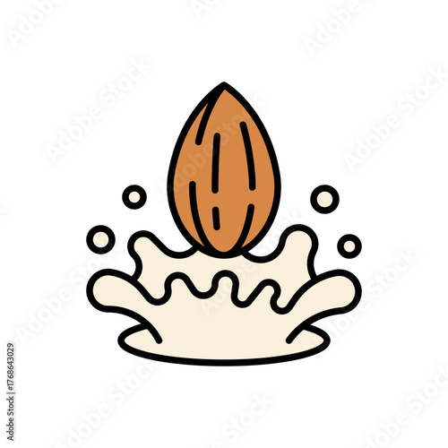 Almond nut splashing into milk wave filled color icon  Vector Illustration