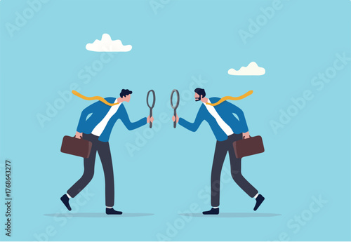 Suspicious or distrust partner, doubtful or pretending, analyzing fake or fraud, concerned or question of business transparency concept, suspicious businessman analyze each other with magnifying glass