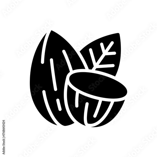 Almond with Leaf and Cut Kernel Silhouette Icon Vector Illustration