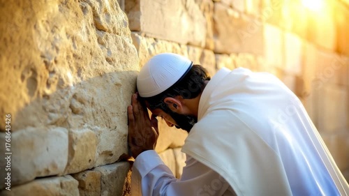 Jewish Man Praying at the Western Wall on Yom Kippur