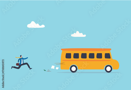 Left behind, exclusion or forgotten employee, failure or mistake to come late and miss the bus, opportunity gone away concept, frustrated businessman come late running to catch the run away bus.