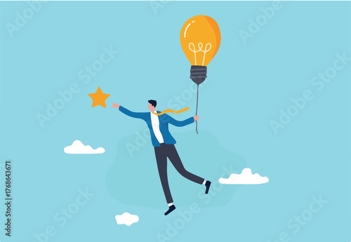 Creativity or innovation to help reach business goal, lightbulb idea to success, leadership to get solution to achieve goal, smart businessman flying with lightbulb idea to catch star in the sky. 