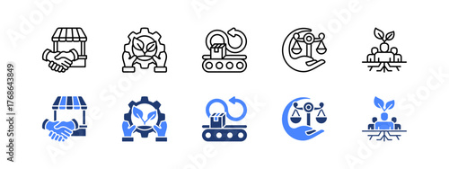 Fair trade, Environmental stewardship, Responsible production, Ethical, Grassroots with two styles, line and duotone icon.