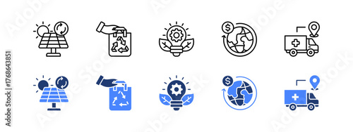 Renewable energy, Eco friendly, Green innovation, Circular economy, Sourcing with two styles, line and duotone icon.