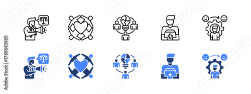 Advocacy, Solidarity, Collaboration, Humanitarian aid, Positive change with two styles, line and duotone icon.