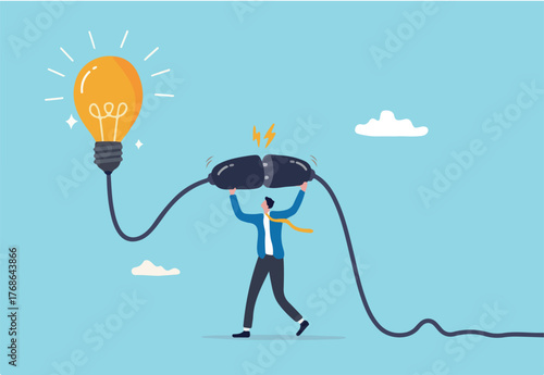 Creativity idea to get solution to solve problem, imagination or innovation for success, invention or resolution concept, smart businessman connect electric plug to turn on bright lightbulb idea.