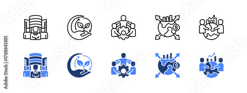 Social enterprise, Sustainability, Community, Inclusivity, Social impact with two styles, line and duotone icon.