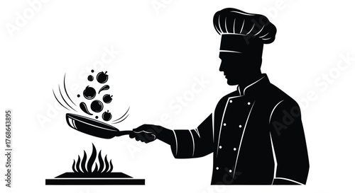 A skilled chef tossing food in a pan with flames below