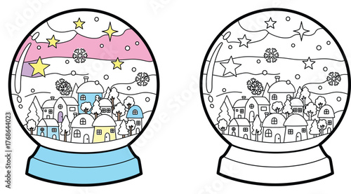 Magical Winter Village Snow Globe with Falling Snowflakes and Stars - Cute Colorful and Outline Versions for Kids and Holidays