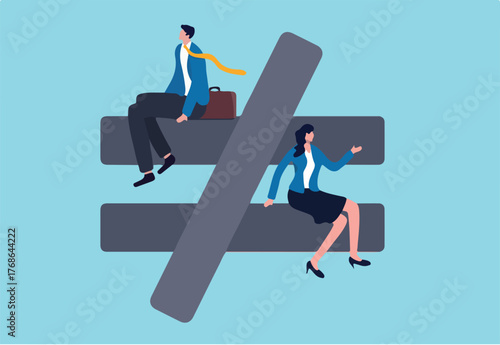 Gender inequality, unequal discrimination on lady or woman such as career, work or social rights issue concept, unequal or not equal sign with businessman on top level and businesswoman on lower level