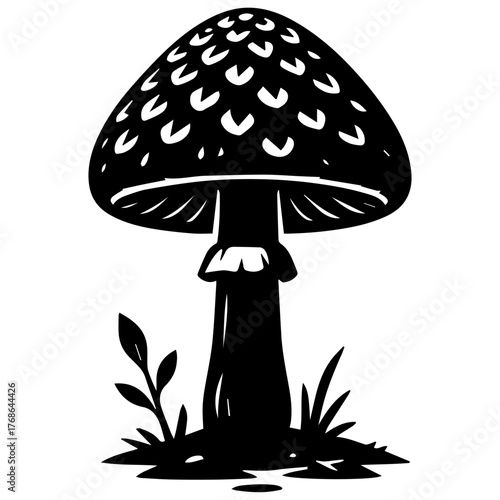 Minimalist black silhouette of a forest mushroom with a scaly cap, ringed stem, and visible gills, growing among leaves on a clean white background—ideal for logos, decals, and nature-themed design.