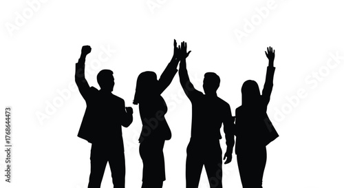 Four silhouettes celebrate with raised hands in a unified group gesture