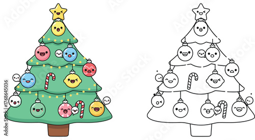Adorable Kawaii Christmas Tree with Cute Ornaments and Candy Canes - Colorful and Outline Versions for Festive Fun