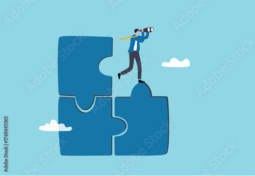 Finding solution or search for last missing piece to finish or complete work, leadership mission or business difficulty concept, businessman standing on uncompleted jigsaw looking for missing piece.