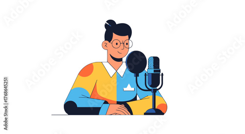 Podcast Host With Microphone Illustration On Black Background Represents Entertainment Production