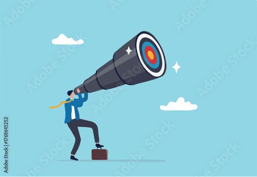 Search for business target or goal, mission or objective to achieve, discover purpose or find strategy to reach goal or destination concept, businessman look through telescope to find target or goal