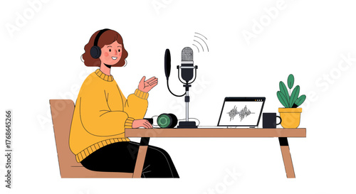 Podcast Recording Illustration Depicting Content Creation and Modern Communication