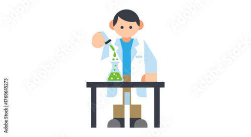 Scientist Performs Experiment As Green Liquid Pours Into Laboratory Flask For Testing