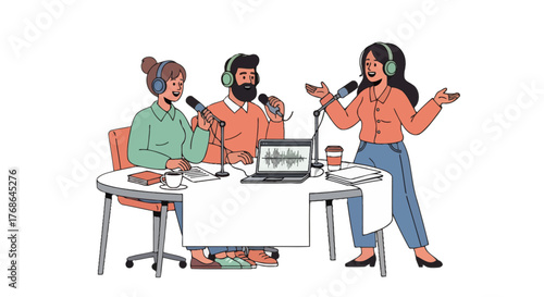 Podcast Recording Session Illustration Featuring People Using Microphones at Studio Table
